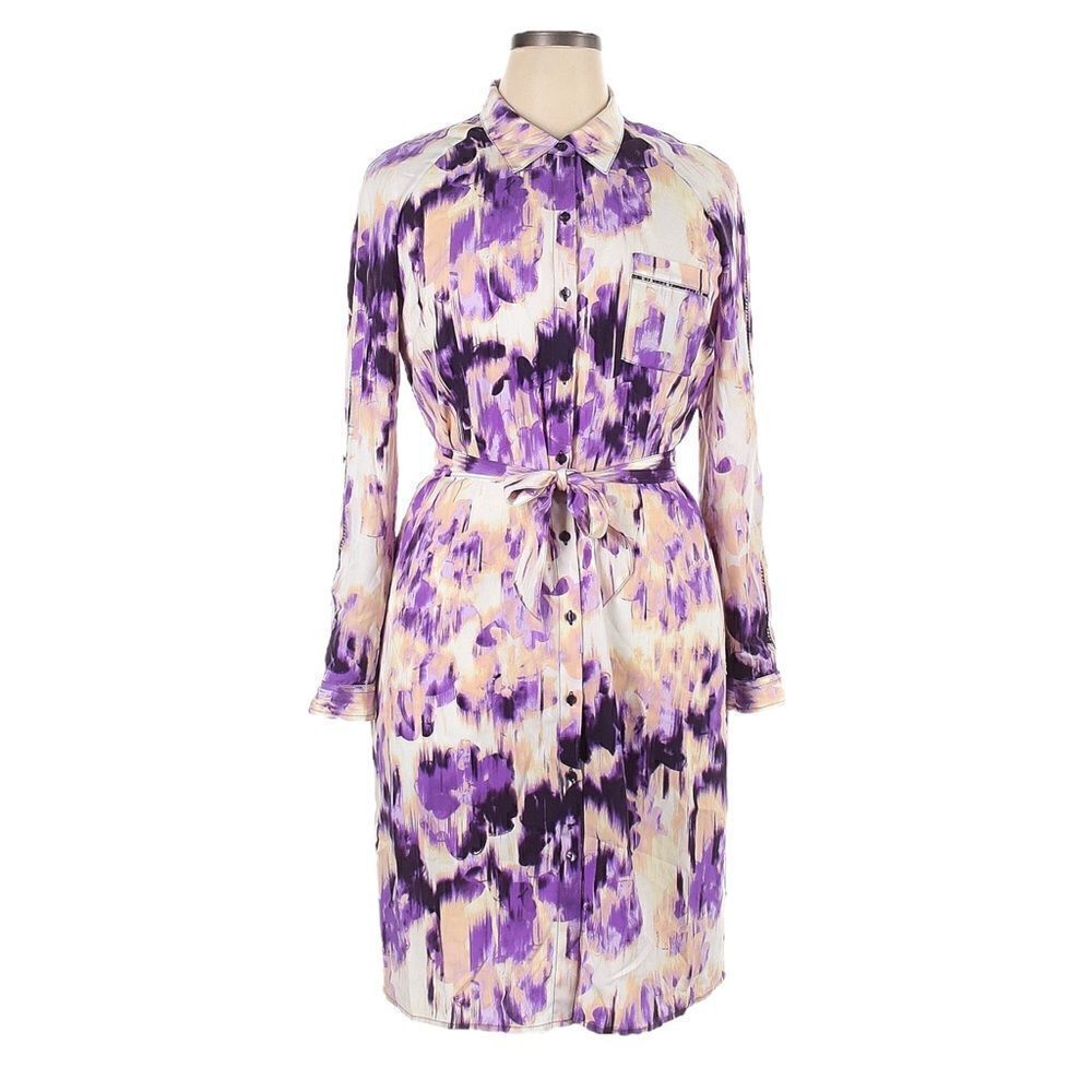 NYDJ Passion Fruit Watercolor Floral Shirt Dress Size 14 NWT Purple Tie Waist